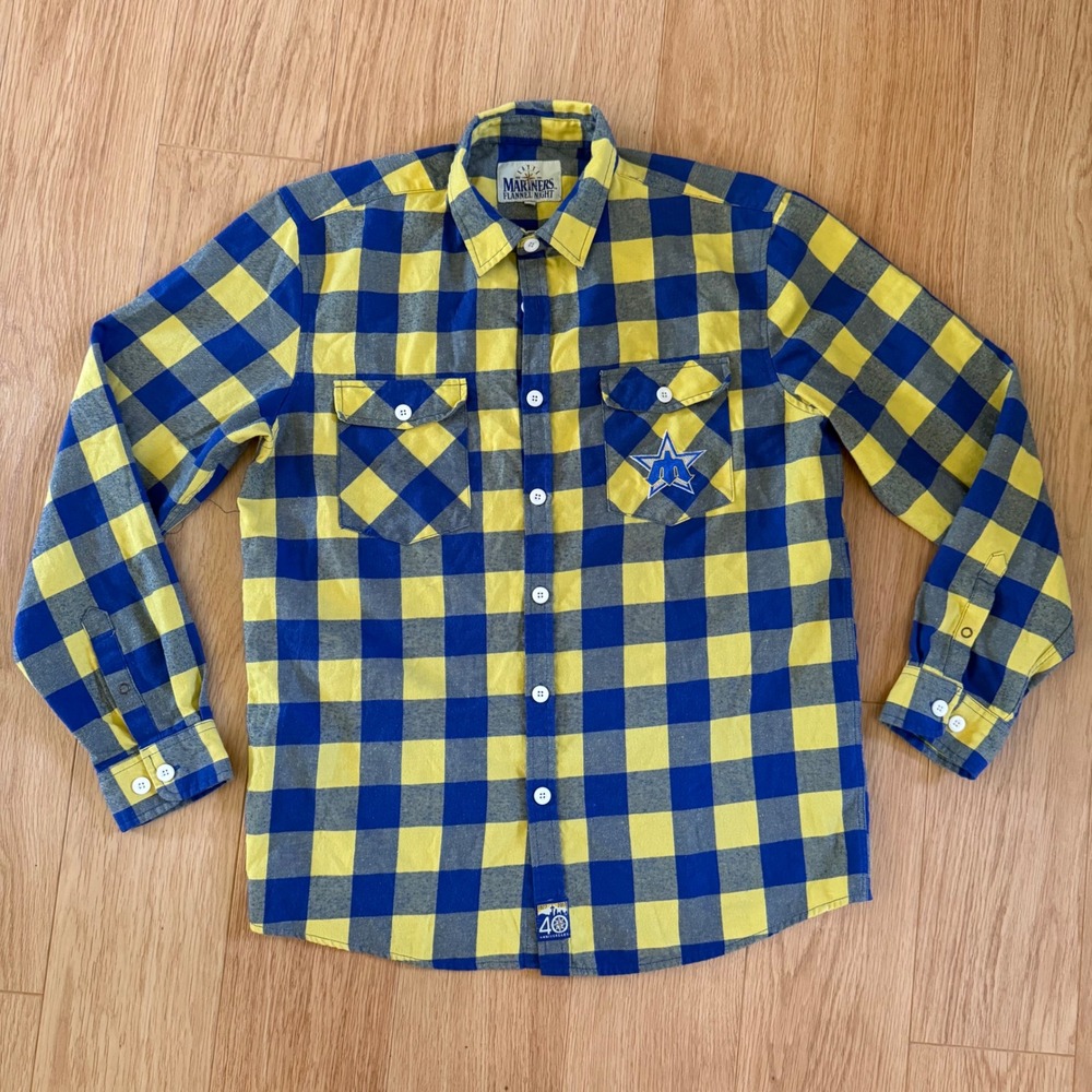 Seattle Mariners Flannel Shirt MLB Mens XL Blue Yellow 40th Anniversary Plaid